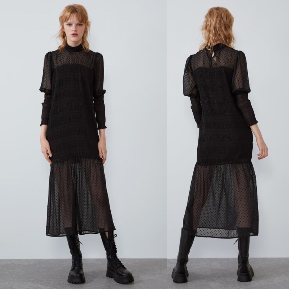 ZARA PLEATED DOTTED MESH DRESS